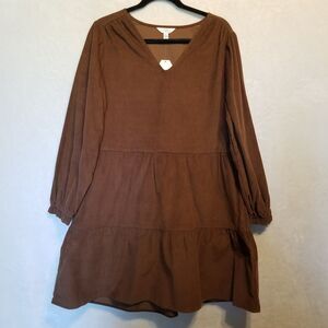 Time And Tru L Dress Brown Corduroy Pockets V-Neck Tiered Autumn Gremlin Classic